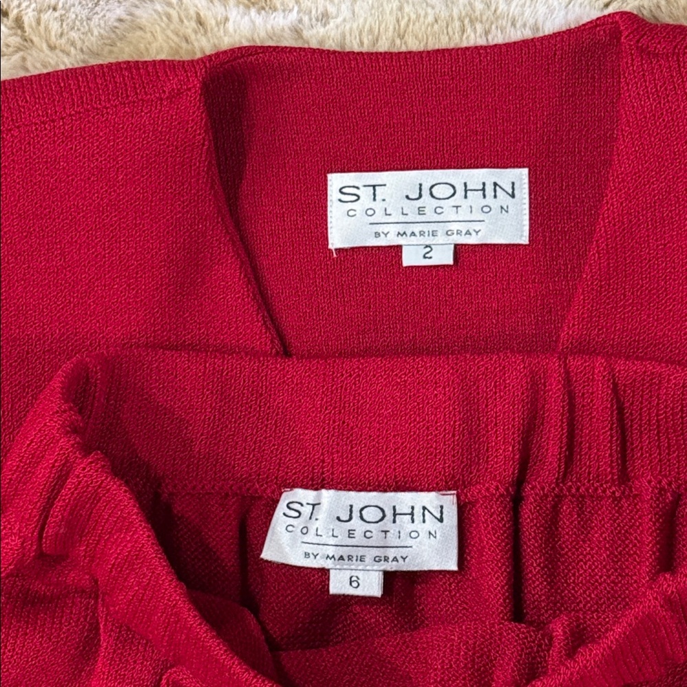 NWT St. JOHN Two Piece Suit Jacket 2 Skirt 6 ~ Red w/Gold Hardware Santana Knit - Picture 16 of 17